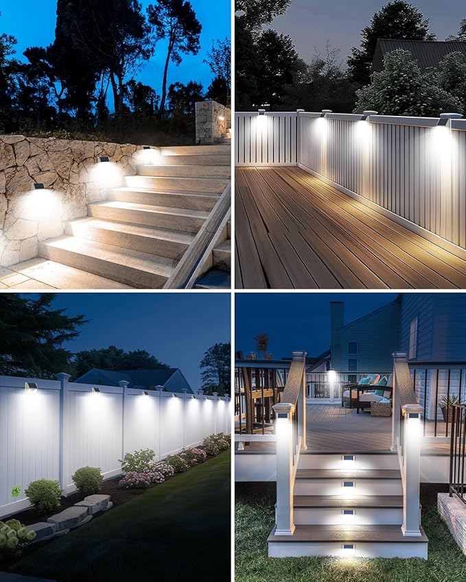 4 Pack Solar Fence Lights Waterproof, Motion Sensor Deck Lights Outdoor, Cold White LED Outside Lights Wireless for Wall Yard Steps Stairs Garden - White