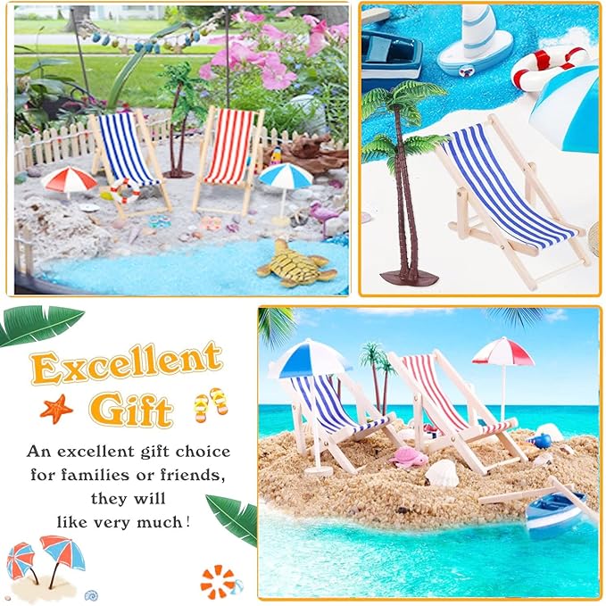 31 Pcs Beach Microlandscape Miniature Dollhouse Decoration, Maritime Decoration with Mini Beach Umbrella Mini Chair Miniature Coconut Tree Beach Decor for DIY Garden Plant Pool