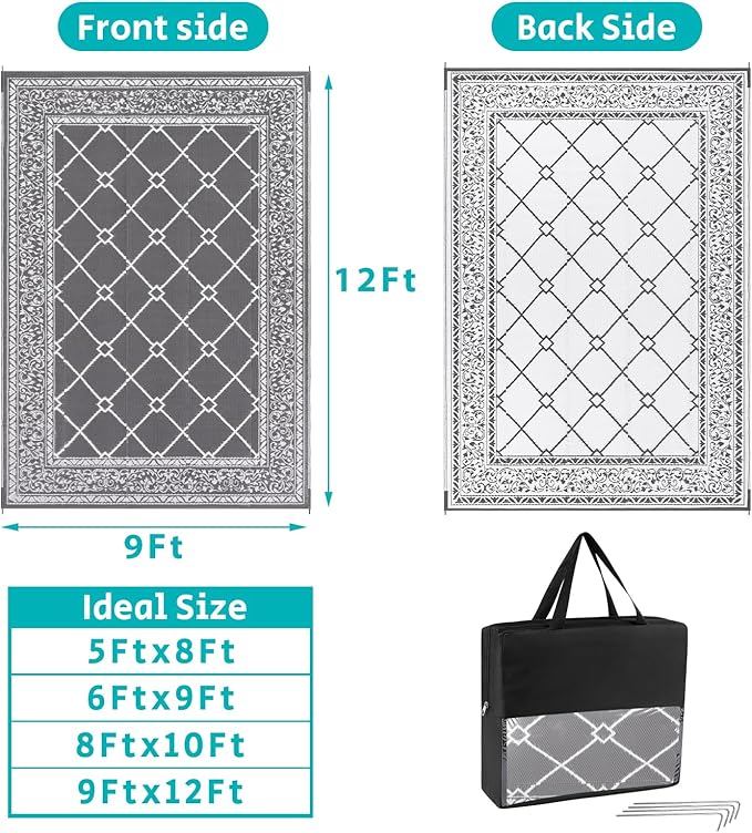 HEBE Outdoor Rug Waterproof 9x12, Reversible Plastic Straw Rug RV Camping Rug, Indoor Outdoor Patio Mat Clearance, Outside Carpet for Porch,Deck,Camper,Balcony,Backyard,Picnic