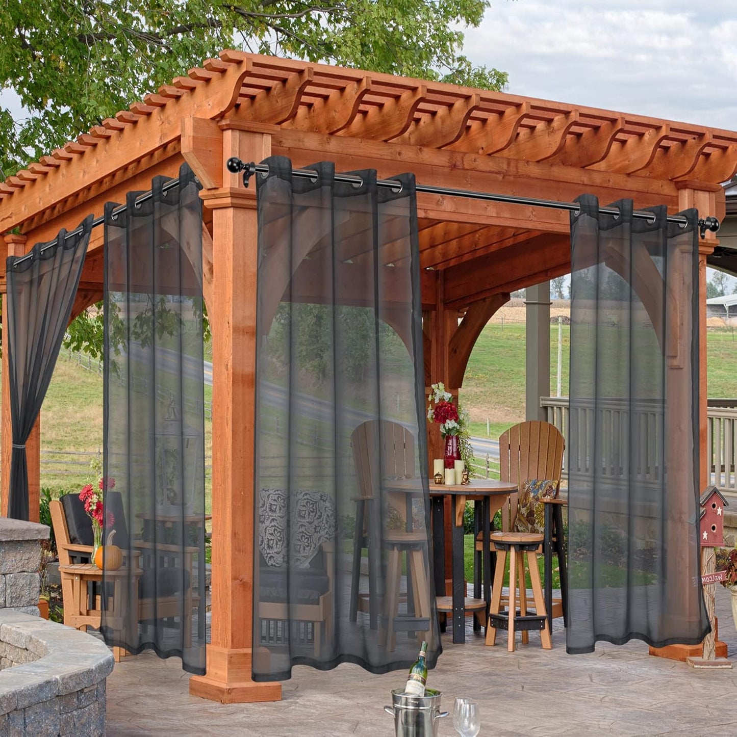 HolidayIdeas Outdoor Sheer Curtains for Patio Waterproof, 4 Panels - 54 x 120 Inch - Grey Light Filtering Voile Outside Curtains Grommet Drapes for Front Porch, Gazebo, Pergola, Backyard