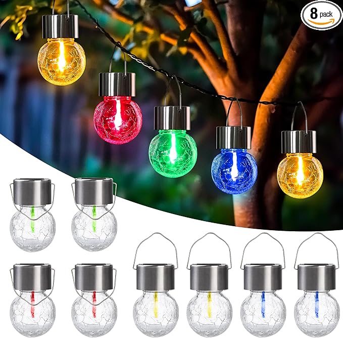 Hanging Solar Lights Outdoor,New Upgraded Moving Led Beads,Solar Powered Waterproof Lighting,8 Pack Hanging Globe Solar Lights for Garden Yard Fence Christmas Decoration (Multiple Colors)