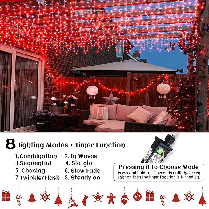 33ft Icicle Lights for Outside, Red Christmas Lights Outdoor Waterproof for House, 400 LED Twinkle Tree Lights with 75 Drops Clear Wire Short Curtain Lights for Room Home Wall Indoor Decorations