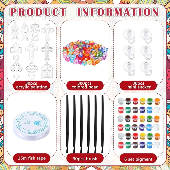 30 Sets Cross Suncatchers Window Art Kits, Christian DIY Sun Catchers Bulk Religious Crafts Paint Your Own Cross Window Ornaments for Boys Girls VBS Sunday School Classroom Home Party Decor