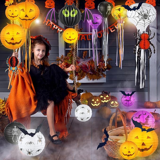 48 Pieces Halloween Decorations Paper Lanterns Pumpkin Skeleton Paper Lanterns 3D Bat Wall Stickers Spider Wall Hanging for Halloween Party Garden Bedroom Cobwebs Indoor Outdoor, 12 Inch and 8 Inch