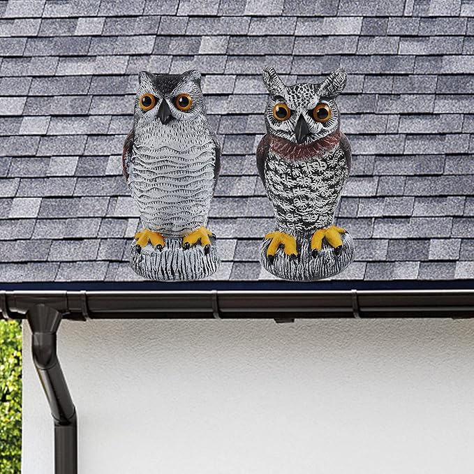 Hausse 2 Pack Fake Owl Decoy Bird Scarecrow Sculpture, Plastic Horned Owl Bird Deterrents with Yellow Claws, Garden Protectors, Large Nature Enemy Pest Repellent for Outdoor Garden Yard