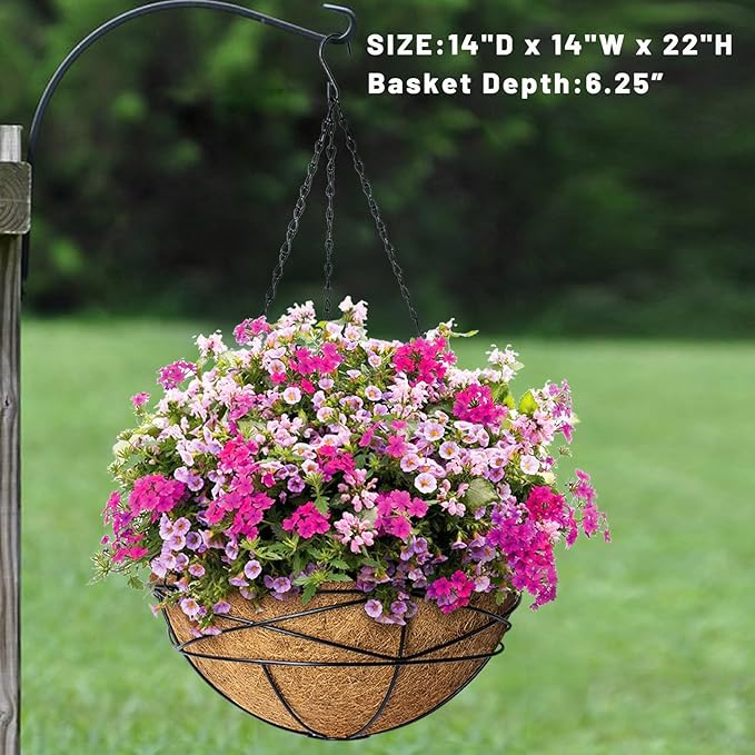 4 Pack 14 Inch Hanging Flower Baskets for Outdoor Plants Large Metal Wire Planters with Coco Liner Pot for Home Planting Black Watering Plant Holders for Outside Garden
