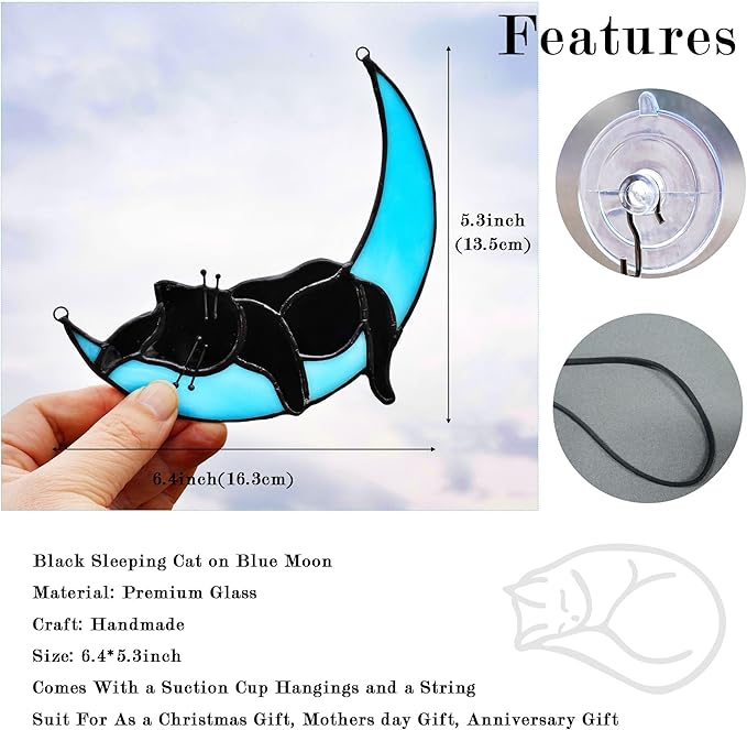 HDCRYSTALGIFTS Black Cat Decor Suncatcher Stained Glass Window Hanging,Handcrafted Kitty Decor Funny for Cat Lovers,Home Decoration for Window Patio Office Living Room Wall