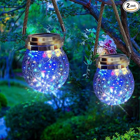 Hanging Outdoor Solar Lights, 2 Pack 30LED Lanterns Decorative Outdoor Lights,Solar Powered Waterproof Landscape Lights with Handle for Tree Yard Garden Patio Fence Holiday Decor(Multicolor)