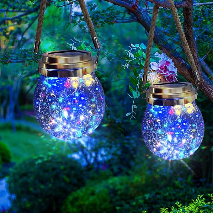 Hanging Outdoor Solar Lights, 30LED Cracked Glass Ball Decorative Lights,Solar Powered Waterproof Landscape with Handle for Tree Yard Garden Patio Fence Holiday Decor(Multicolor)