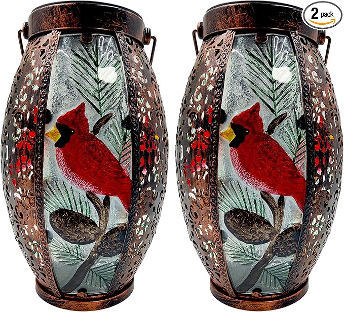 2PCS Cardinal Solar Lanterns Glass & Metal Hanging Light Outdoor Waterproof 16" H Tabletop Lamp with Hollowed-Out Design with Shepherd's Hooks for Garden Patio Table Decor
