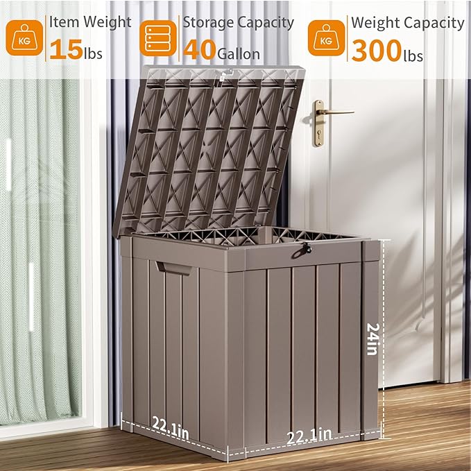 40 Gallon Resin Deck Box, Lockable Patio Outdoor Storage Box for Furniture, Garden Tools and Tools Storage, Waterproof Outside Storage Boxes - Grey