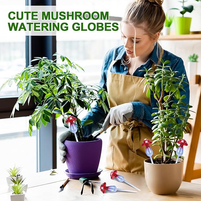 Headley Tools Plant Watering Globes Mushroom, Glass Plant Watering Globes, Self Watering Planter Insert, Cute Self Watering Globes - (4 PCS)