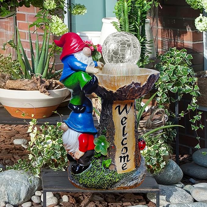 Garden Gnome Statues, Garden Statues for Outside with Solar LED Lights, 10.4 in Funny Double Gnomes Sculptures Outdoor Decorations for Yard, Ideal Gnomes Gifts for Women/Mom/Grandm