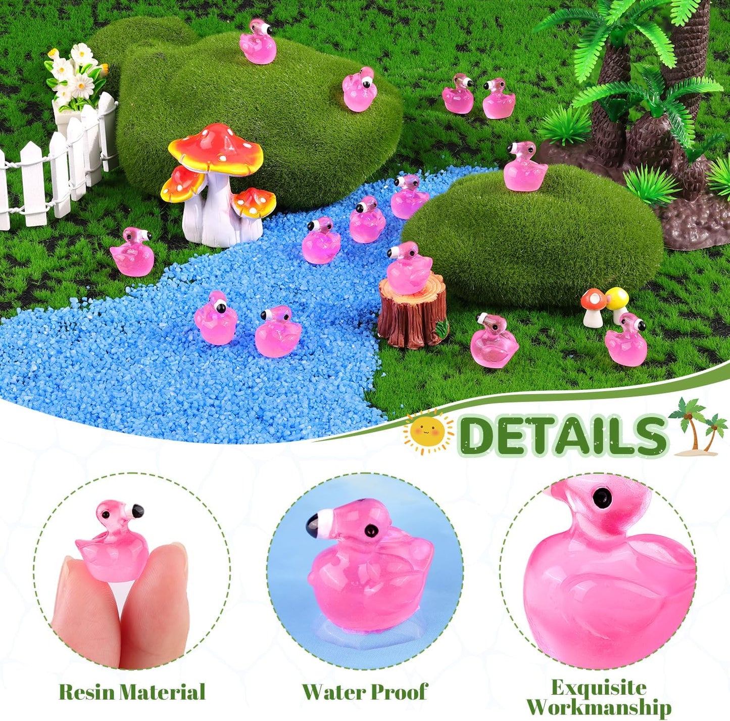 200PCS Mini Resin Animals Cute Rose Pink Tiny Flamingo Ducks Glow in Dark, Miniature Figures to Hide, Small Animal Toys Accessories Bulk for Topper Garden Dollhouse Ornaments DIY Crafts & Decor