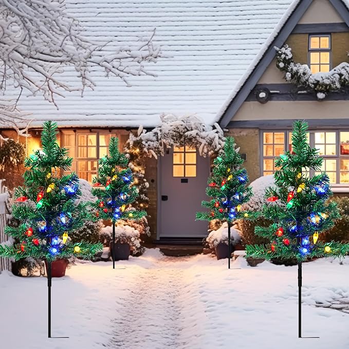 4 Pcs Solar Christmas Tree Outdoor Christmas Decorations 30 Inch Prelit Waterproof Xmas Tree Yard Stake Lights with 80 LED for Yard Pathway Cemetery Patio Christmas Garden Outside Decor
