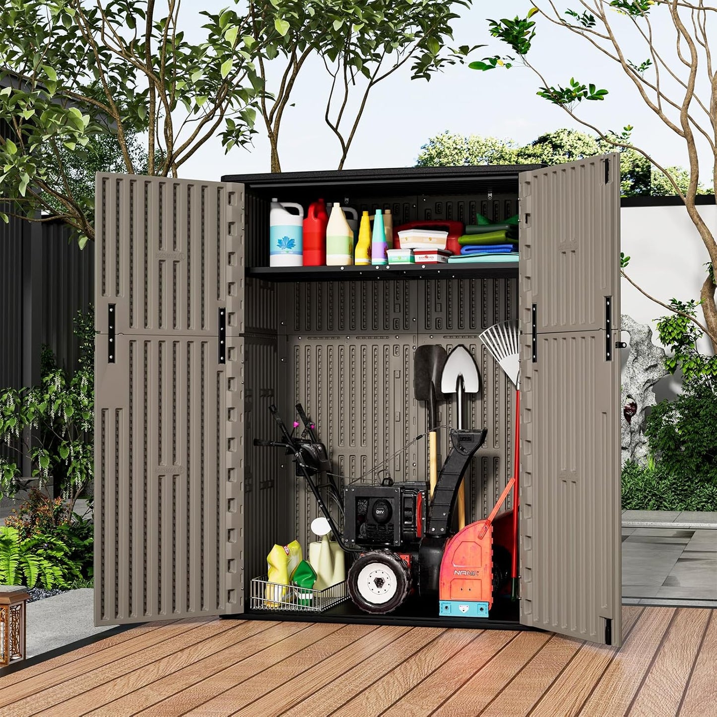 HOMSPARK 47 Cu.Ft Outdoor Storage Shed Weather Resistant, Multi Functional | Double-Wall Resin Storage Sheds & Outdoor Storage Box Waterproof for Backyard Garden Patio Lawn (Brown)