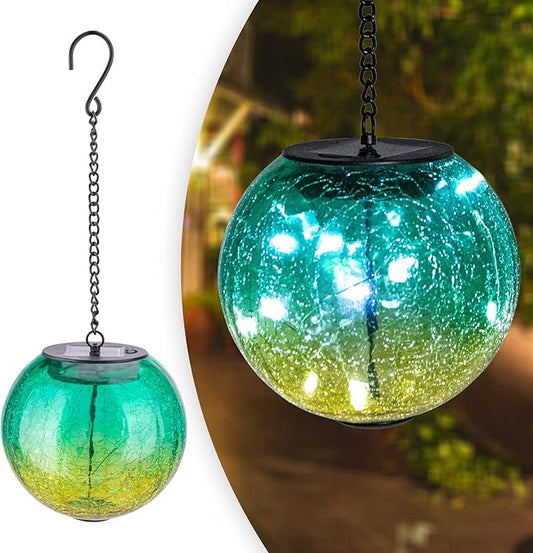 Hanging Solar Lights Outdoor Solar Lanterns Outdoor Decorative Cracked Glass Ball Lights Solar Powered Waterproof LED Globe Lantern for Outdoor Porch Patio Garden Decor Gift Green
