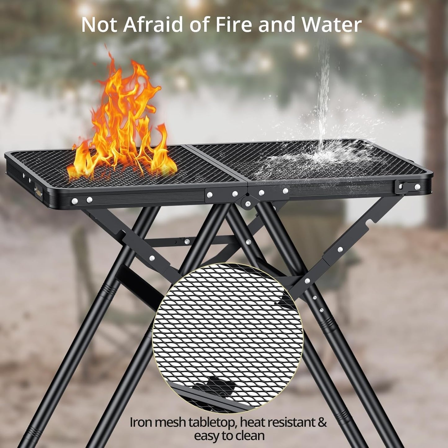 2ft Sturdy Folding Grill Table, Supports 180 Lbs, 2 Adjustable Height 28” Portable Grill Table, Heat-Resistant Tabletop, Folding Metal Table for Camping BBQ Cooking Backyard, 24" X 16", Black