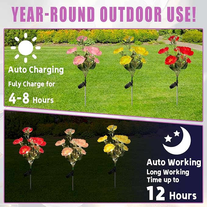 3Pack Outdoor Solar Garden Decor Lights, Waterproof Solar Powered Hydrangea Lotus Flower Lights Bright Up to 12 Hrs,Led Flowers for Yard Patio Lawn Decorative (Solar Flowers Style 1)