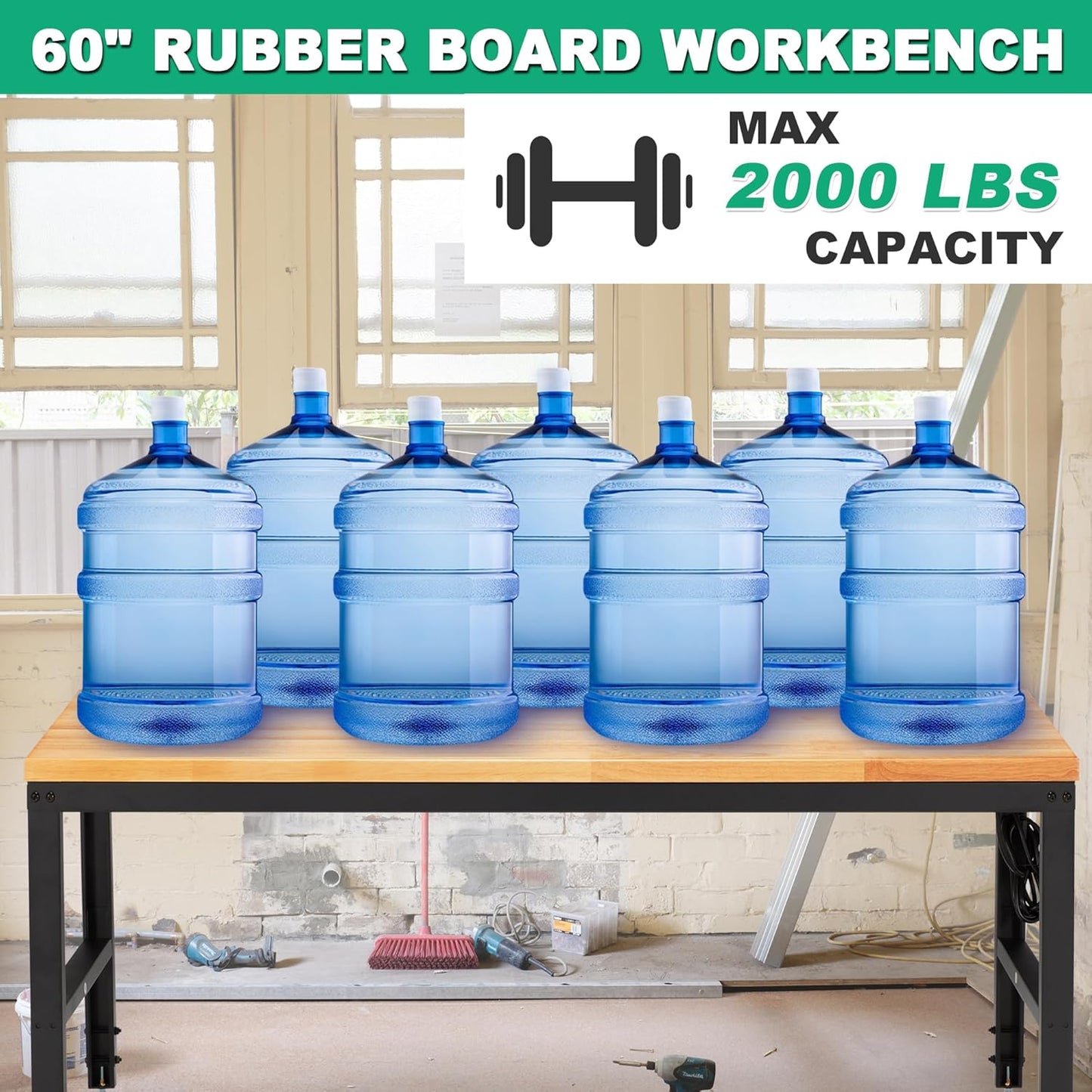 HABUTWAY Height Adjustable Workbench, 60"x20" 2000 Lbs Capacity Solid Wood Work Station Heavy-Duty, with Power Outlets, for Garage Party Shop Office