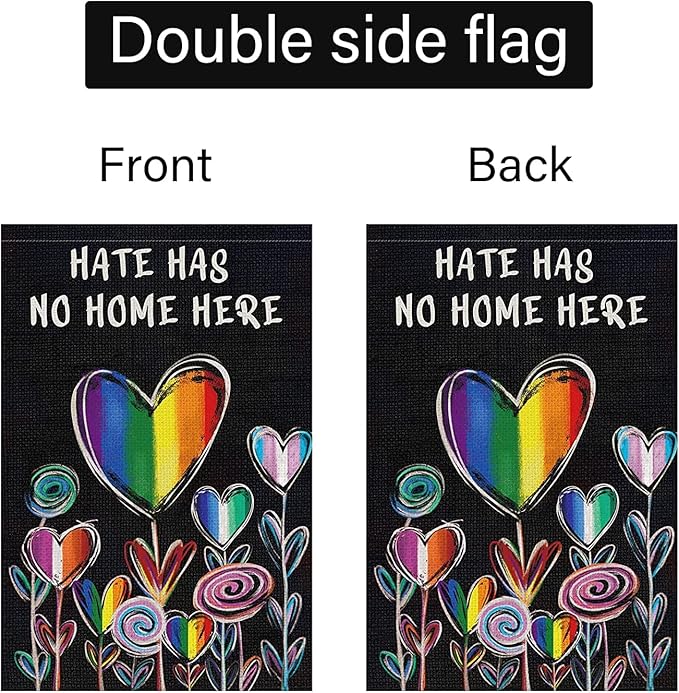 Hate Has No Home Here Pride Garden Flag 12x18 Double Sided Burlap, Small Rainbow Love Heart Gay Lesbian LGBT Pansexual Yard Sign Banner for Pride Month Porch Outdoor Decor