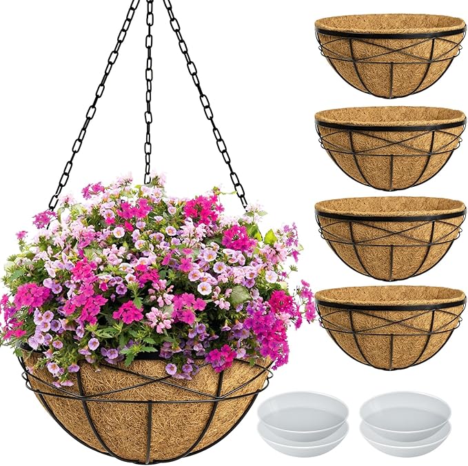 4 Pack 18 Inch Hanging Planters for Outdoor Plants Extra Large Hanging Baskets Flower Pots with Natural Coconut Liner for Porch Balcony Garden Decor