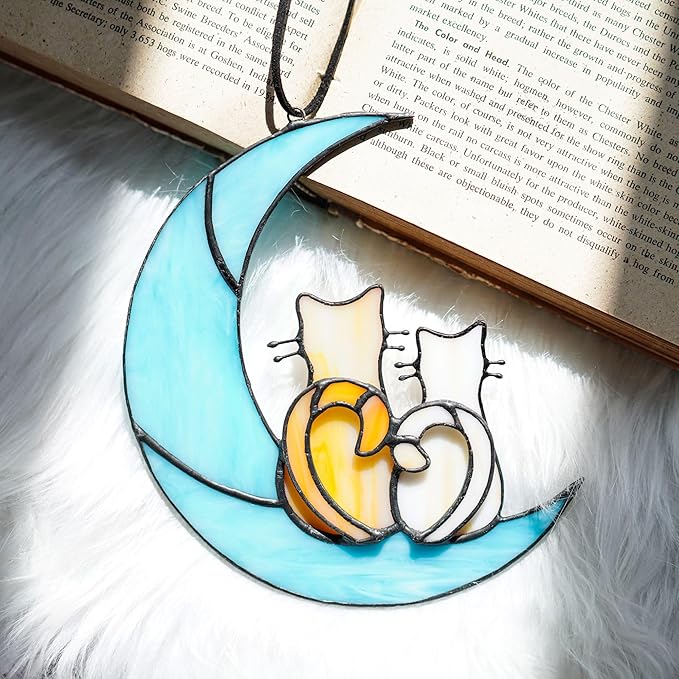 HDCRYSTALGIFTS Couple Cat Sitting on Moon Stained Glass Window Hanging, Modern Art Suncatcher for Window, Wall Decor,Cat Lover Gifts for Women/Girls