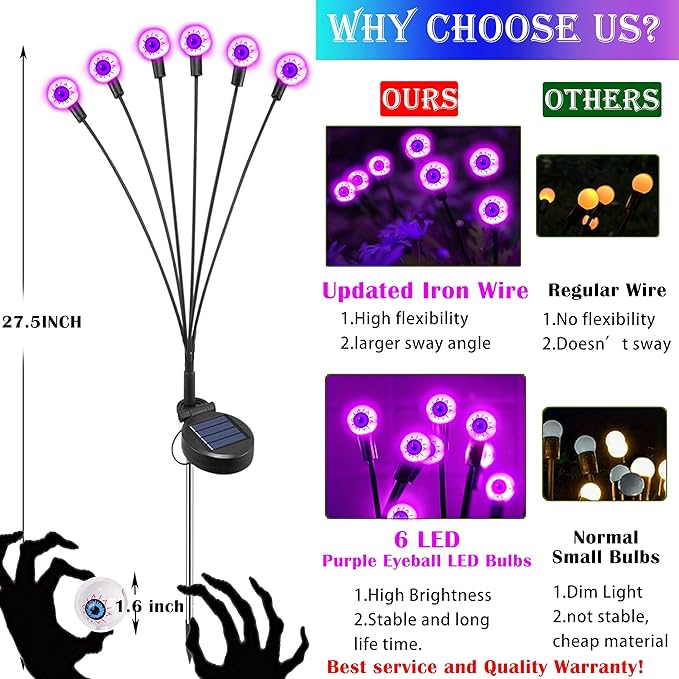 4 Pack Solar Purple LED Eyeball Halloween Outdoor Lights - Waterproof, Swaying Fairy Lights for Pathway, Yard & Garden Decorations