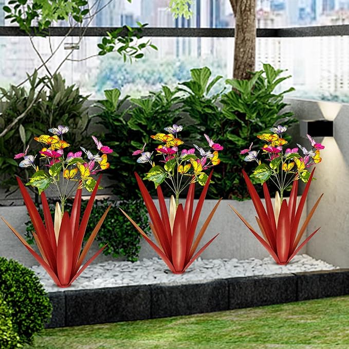 Garden Outdoor Butterfly Enlarge Thickened Wind Resistant Metal Agave Garden Art Metal Plant Country Sculpture Statue Decorations Ornaments Artificial Waterproof Butterflies(red 2pcs)