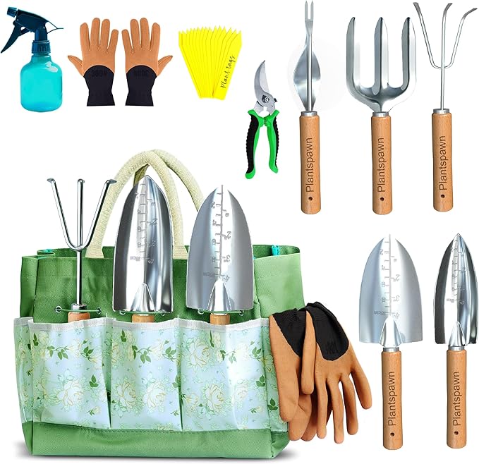 24-Piece Gardening Tools Set with Bag – Heavy-Duty Rust-Proof Hand Tools with Wooden Handles Including 15 Plant Tags – Ideal Gift for Women, Men, Mom, Dad & Gardeners