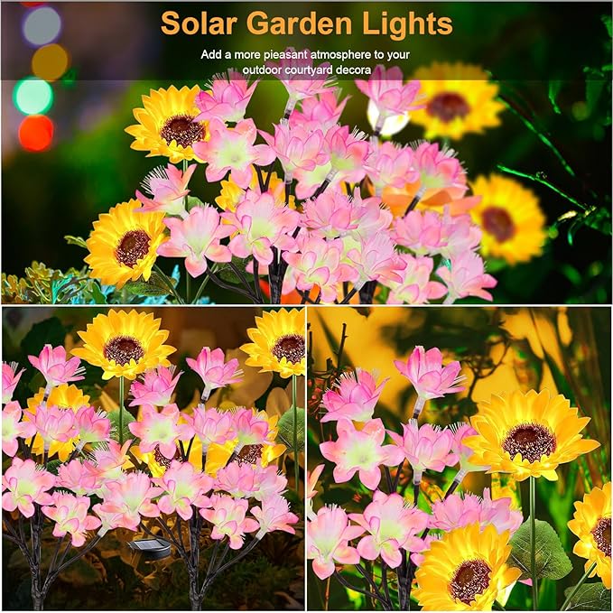 4 Pack Flower Solar Lights Outdoor Waterproof IP 65, Solar Sunflowers Peachblossom Lights Garden Decorative Yard Patio Landscape Stake Lights