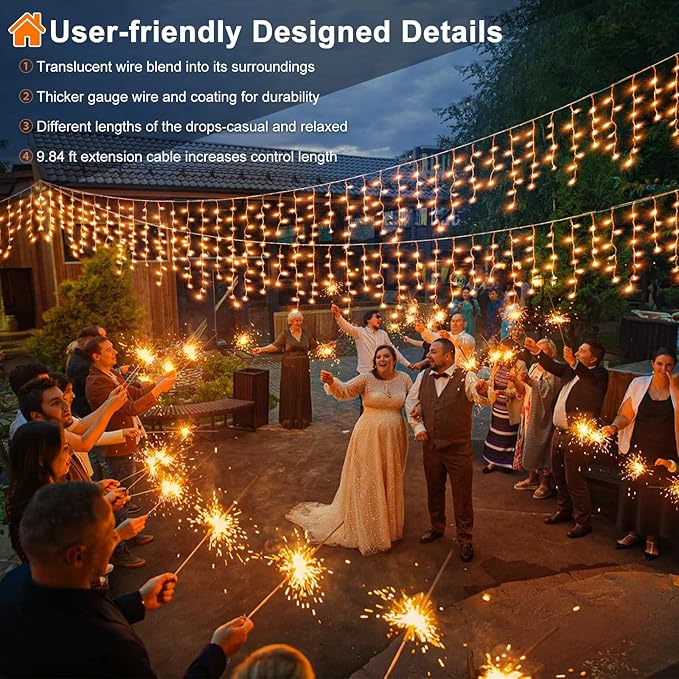 33 FT Orange Icicle Lights for Outside, 400 LED Christmas Lights Outdoor, Clear Wire Twinkle String Lights with Timer 8 Modes Waterproof for Window House Patio Yard Wedding Classroom Festival Decor