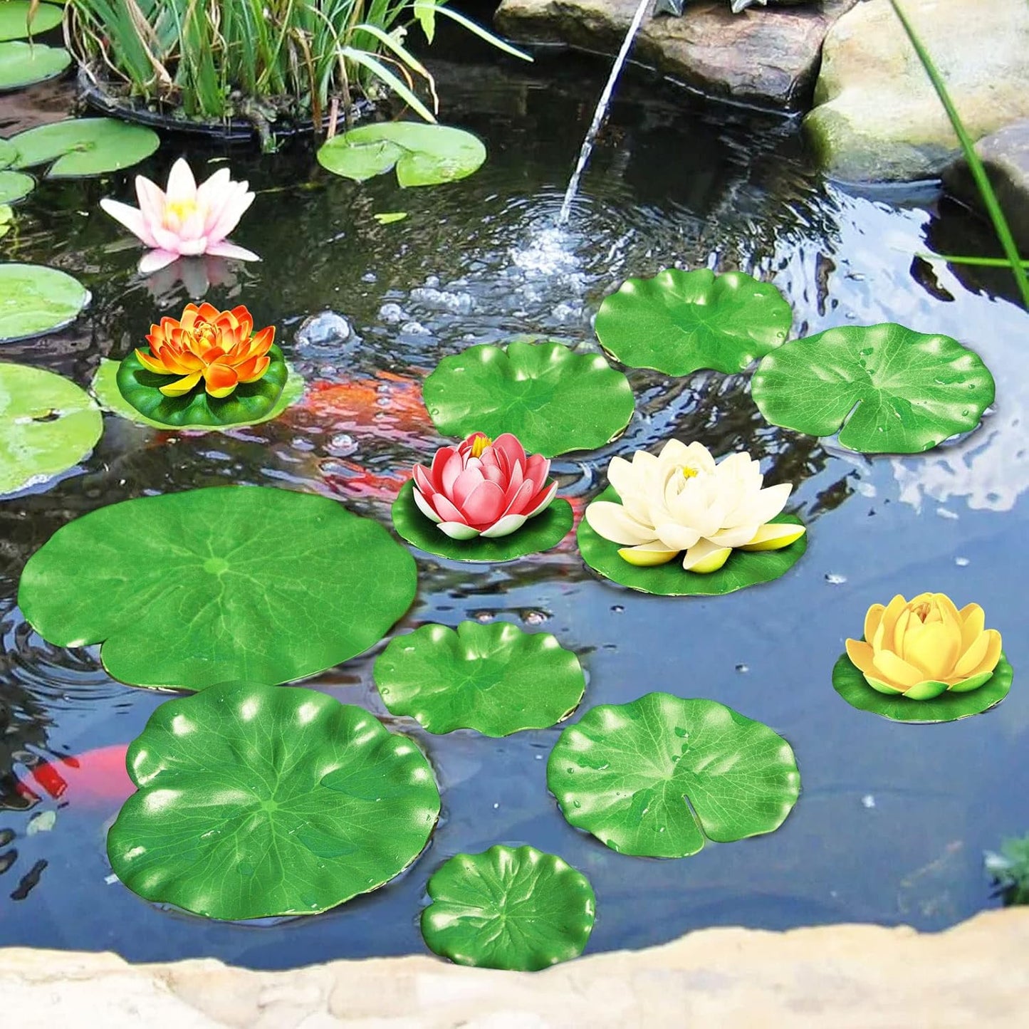 10 Pcs Artificial Lily Pads for Pond Pool, 5 Sizes Realistic Floating Foam Lotus Leaves, Large Plastic Water Lily Pads Leaves for Pond Pool Fountain Garden Decoration