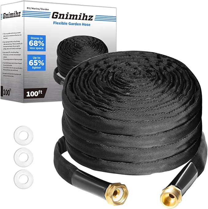 Garden Hose 100ft, Made of TPE(Not PVC), Ultra-Light & Flexible Water Hose with Solid Brass Fittings, Non-Shrinking, Easy to Storage, Drinking Water Safe Material, All-weather, Black, Newbox