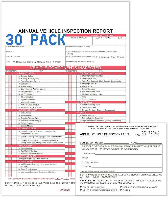 30-Pack Annual Vehicle Inspection Report Form & Adhesive Vinyl Label 2-Ply,3-Ply Carbonless Form DOT Compliant