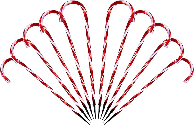 26" Christmas Candy Cane Pathway Markers Lights, Set of 10 Pack Christmas Outdoor Decorations Candy Cane Lights for Yard Patio Garden Walkway Indoor Décor Landscape Path Festival Holiday, Red