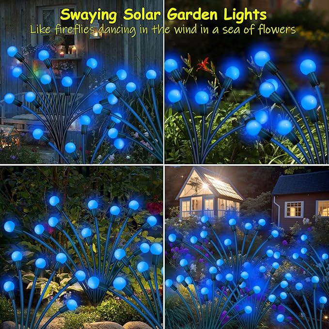 4 Pack 40 LED Solar Firefly Lights,2 Pack Multicolor+2 Pack Blue