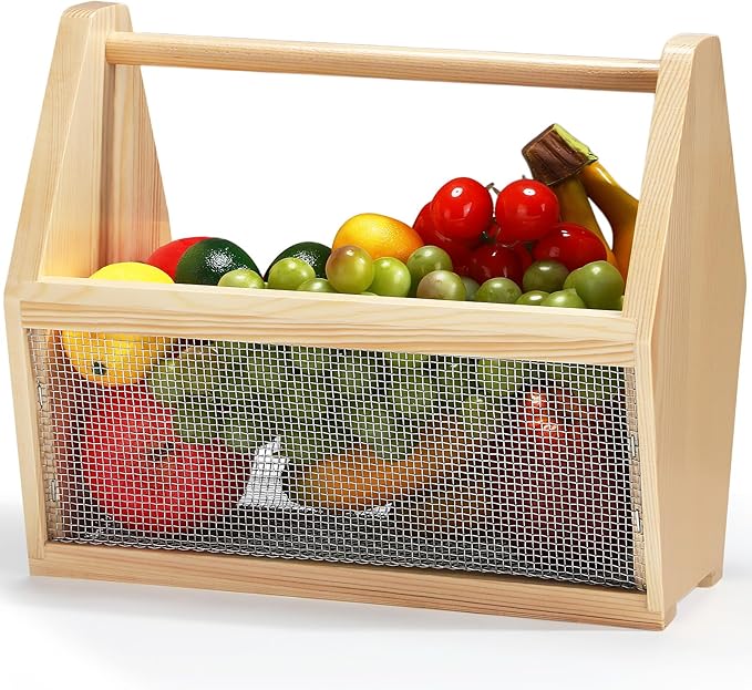 Garden Hod Harvest Basket Garden Harvesting Basket 12 x 10 x 7.5 Inch Pine and Metal Mesh Gardening Hod with Wood Handle for Flower Vegetable Fruit Gathering Supply Gift for Gardener