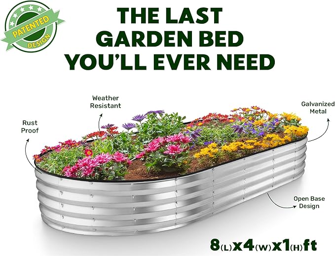 Galvanized Raised Garden Beds Outdoor // 8×4×1 ft Planter Raised Beds for Gardening, Vegetables, Flowers // Large Metal Garden Box // Patented Tool-Free Design (Silver)