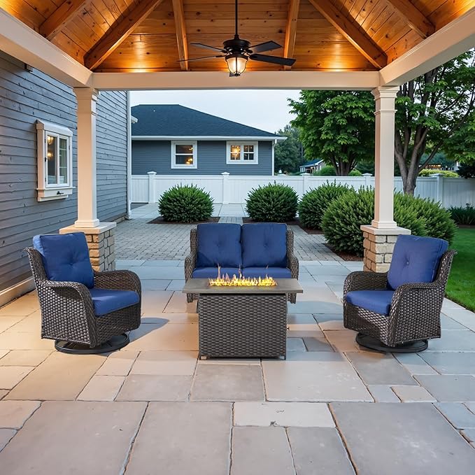 4 Piece Patio Furniture Set with Fire Pit Table - 41inch 50000 BTU Propane Fire Pit Table with High Back Loveseat Glider Chair and 2 Swivel Rocker Chair for Casual Gathering