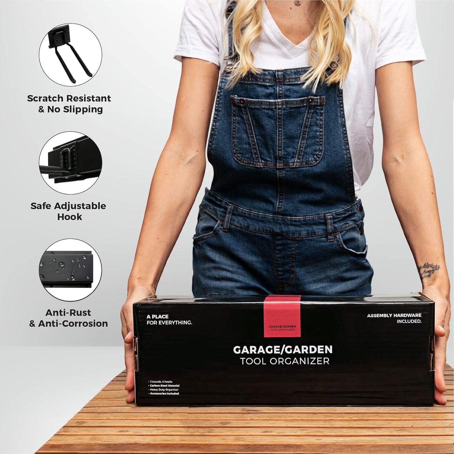 Garage Tool Organizer Wall Mount - 32 inches - Sturdy Storage Rack with Adjustable Hooks, Anti-Rust - Easy Installation, 200lbs Capacity - Garden Tool Organizer (02 Racks & 04 Hooks)