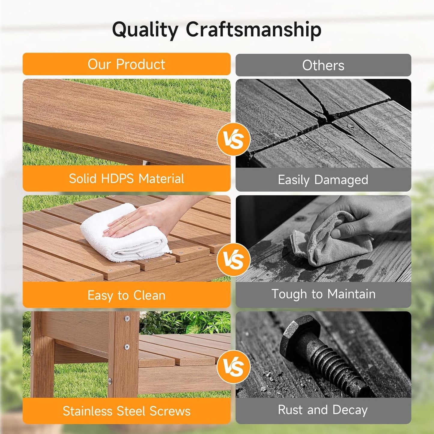 HDPS Potting Bench, All Weather Potting Table with 8 Hooks and Highten Tabletop, Easy Assembly Garden Work Bench, Outdoor Potting Benches for Outside Patio Lawn, 360LBS Capacity, Teak