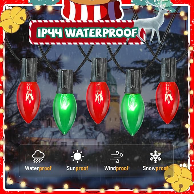 25FT Red and Green Christmas Lights,C9 Incandescent Christmas Lights with 26 Bulbs(1 Spare),Hanging Outdoor Christmas Lights for Home Garden Yard Xmas Tree House Decorations