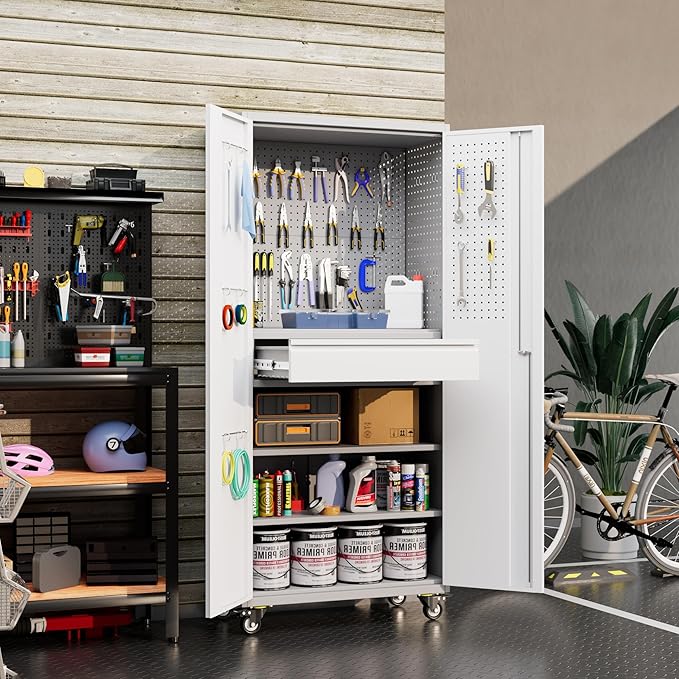 Garage Storage Cabinet with Locking Doors and 2 Adjustable Shelves, 71" H Metal Rolling Tool Storage Cabinet with Wheels, Drawer, Pegboard and 16 Hooks for Garage, Warehouse, White and Gray