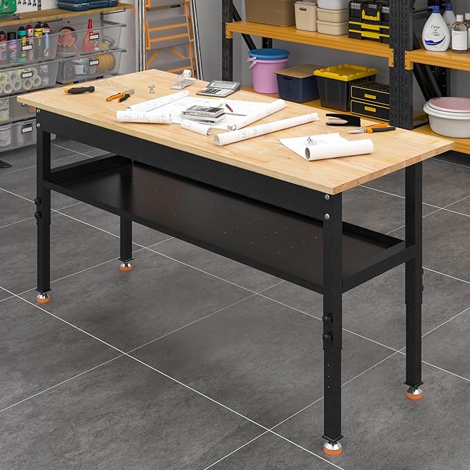 48"/60'' Adjustable Workbench, Rubber Wood Work Bench Heavy-Duty with Partition,2000 LBS Load Capacity Hardwood Work Table for Garage, Workshop, Home, Office, Easy Assembly (w/partition,48'')
