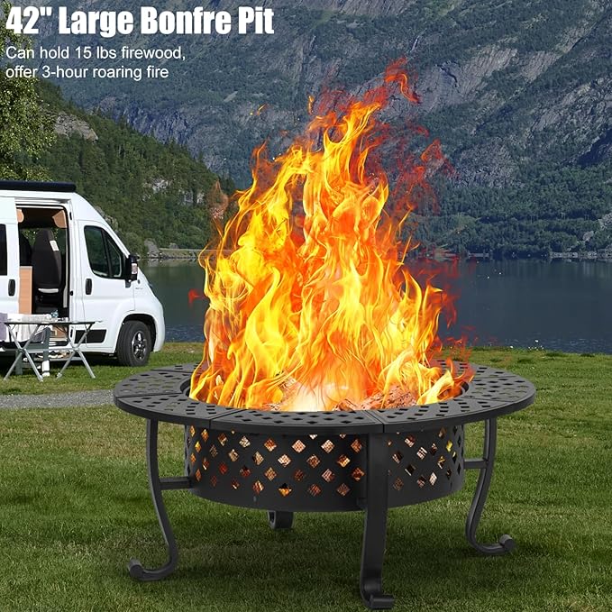 42 Inch Fire Pit with 2 BBQ Grills, Wood Burning Fire Pits for Outside with Lid & Fire Poker, BBQ& Outdoor Firepit & Round Metal Table 3 in 1 for Patio, Picnic, Party