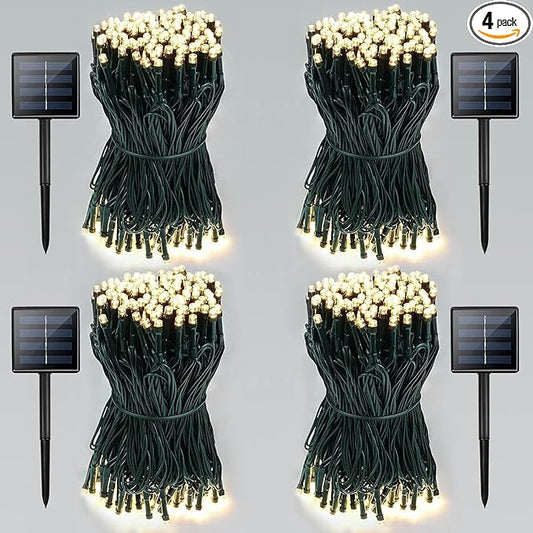 4-Pack Total 800 LED Solar String Lights for Outside, Solar Christmas Lights Outdoor Waterproof, Green Wire Solar Tree Lights with 8 Lighting Modes for Xmas Wedding Party Garden Decoration(Warm White)