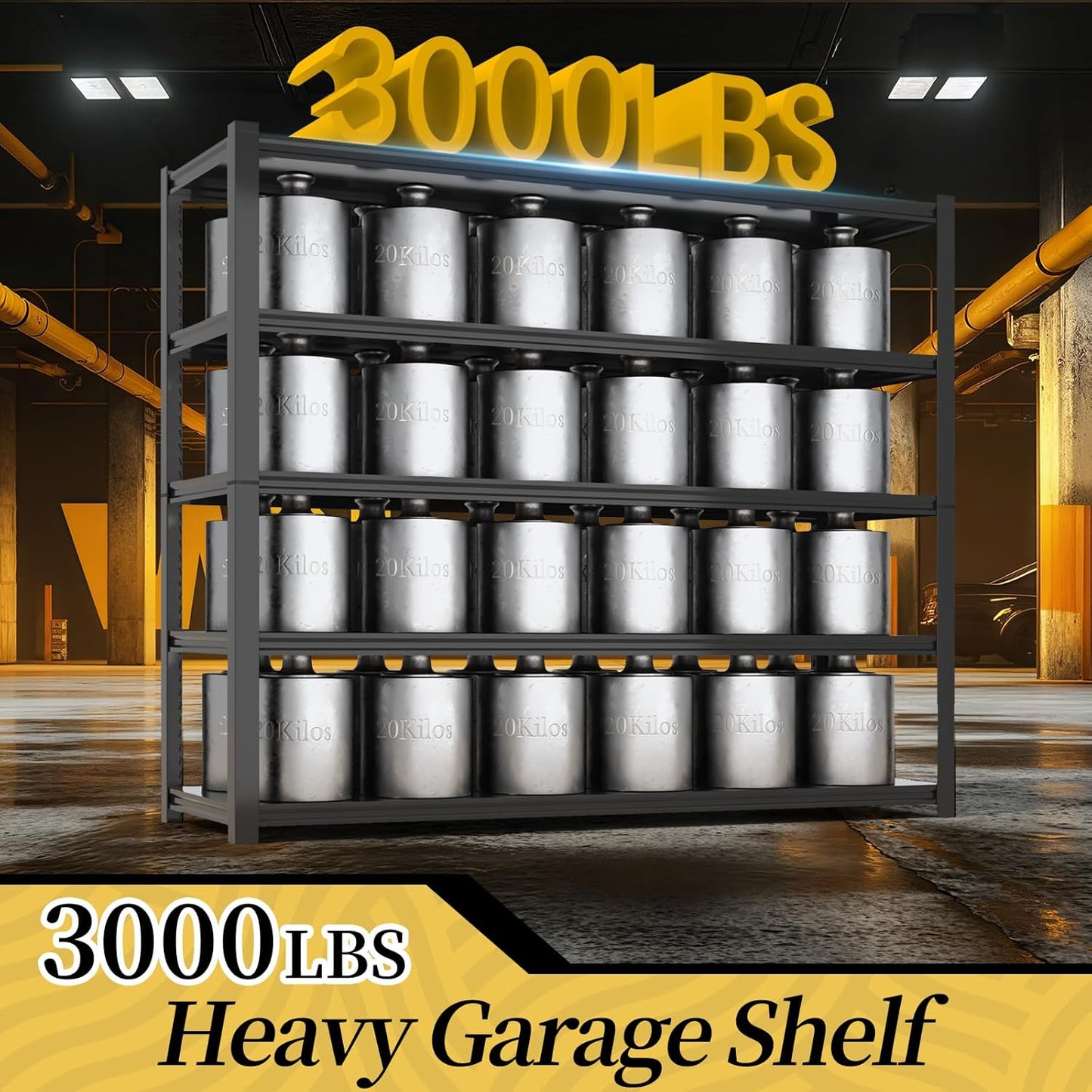 47.8" W Heavy Duty Garage Shelving 3000LBS Storage Shelves, Adjustable 5-Tier Storage Rack, Metal Shelves for Garage/Warehouse/Basement, 47.8" W x 19.8" D x 72" H, Black