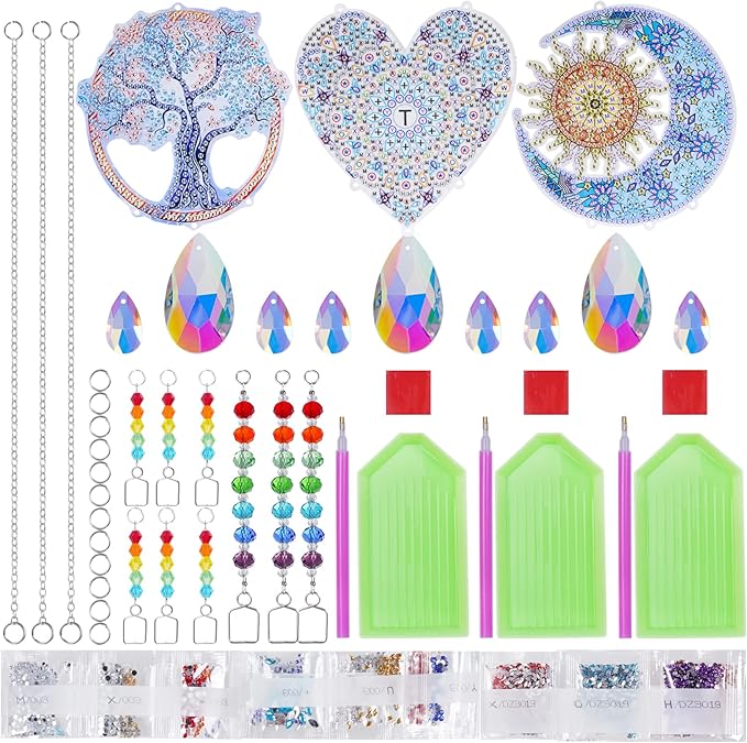 3 Pack Diamond and Painting Suncatcher Window Hanging Ornament Crystal Window Garden Decor DIY Kits for Beginners Adult Kids -Tree, Moon, Heart