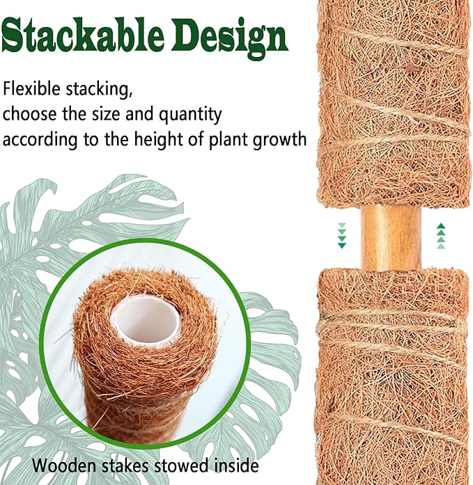 4 Pack 18 Inch Moss Pole, Stackable Moss Poles for Climbing Plants Monstera, Tall Plant Sticks Accessories, Large Coir Plant Support Stakes for Potted Plants Indoor, Pothos, Philodendron